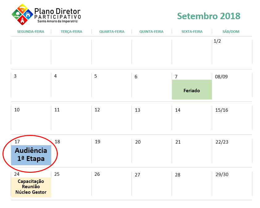 Calendário de Eventos de Setembro de 2018