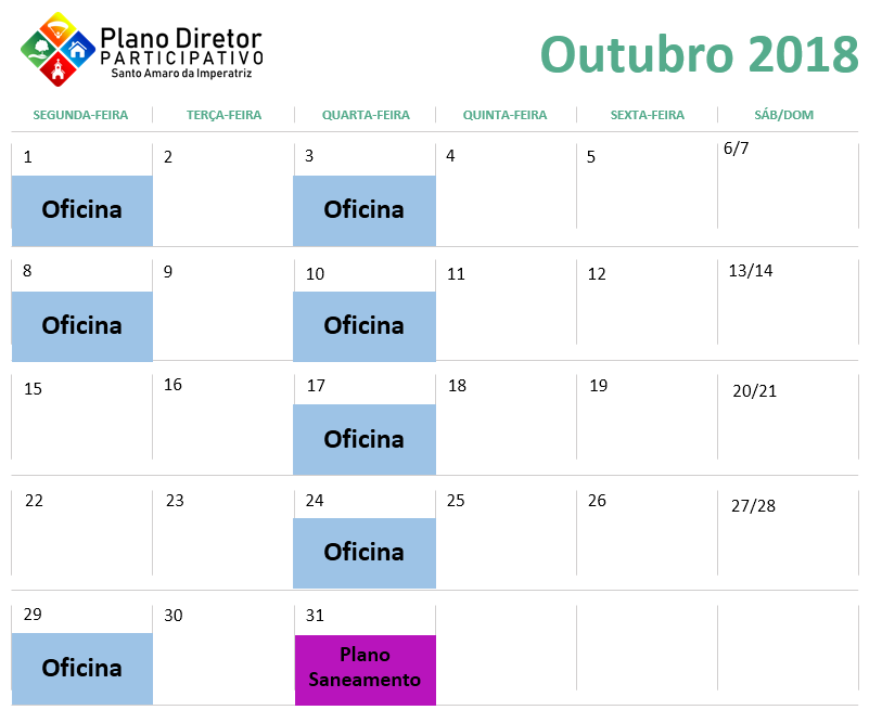 Calendário de Eventos de Outubro de 2018