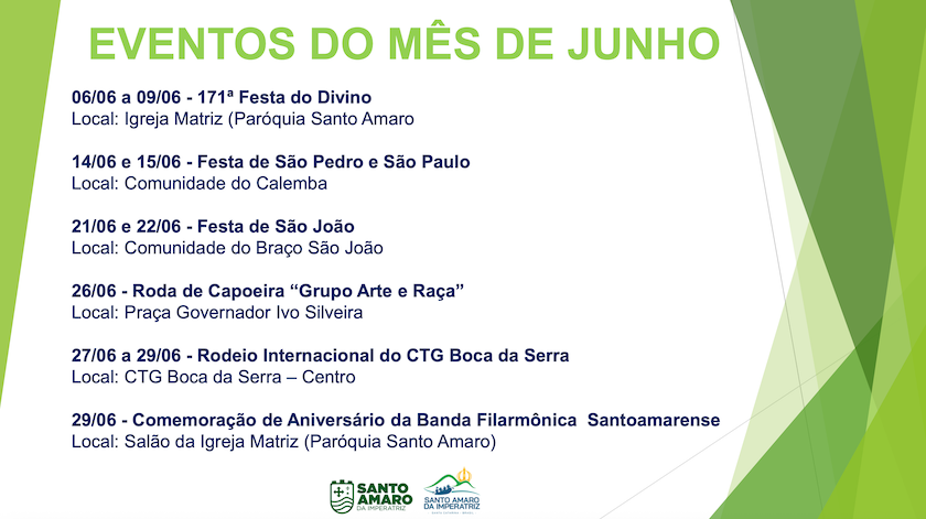 Calendário de Eventos Mês de Junho
